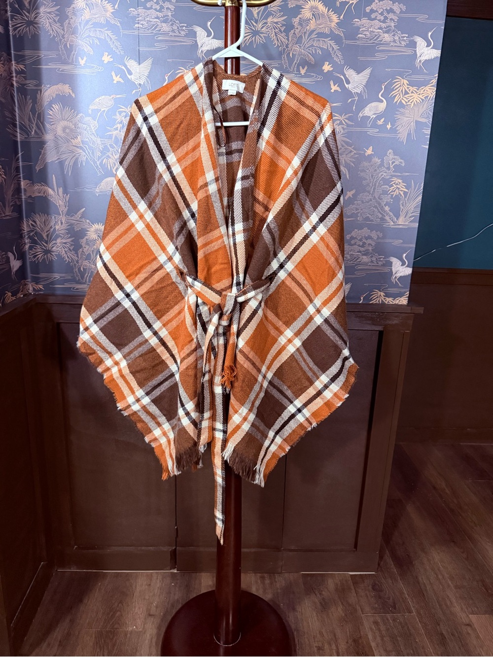 LOFT Outlet Brown and Cream Plaid Fringe Wrap